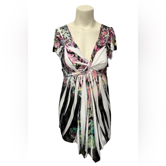 BOSTON PROPER Flowy Tunic Top Women’s S Abstract Multicolor V-neck Short Sleeve - Picture 4 of 9